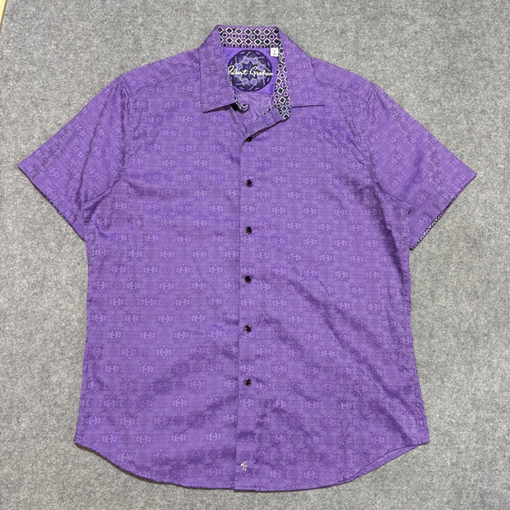 Robert Graham Mens Purple Jacquard Damask Short Sleeve Button Down Shirt Large